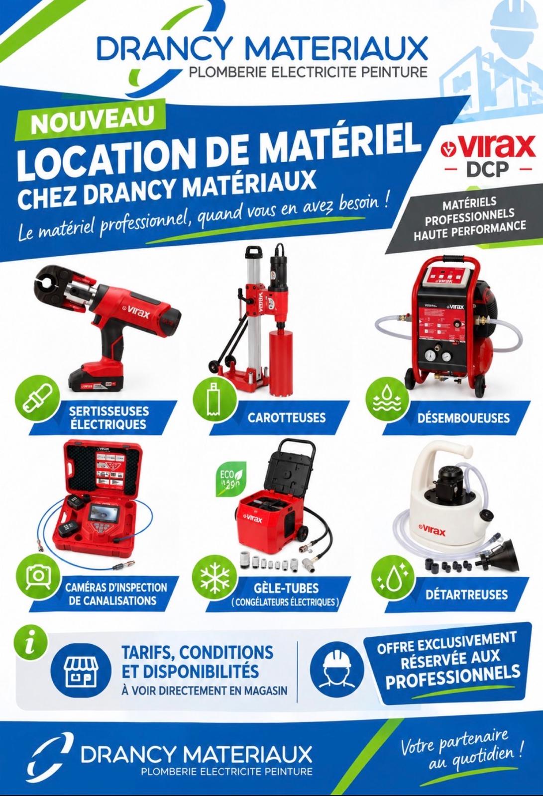 Affiche de location de matériel professionnel Virax chez Drancy Matériaux